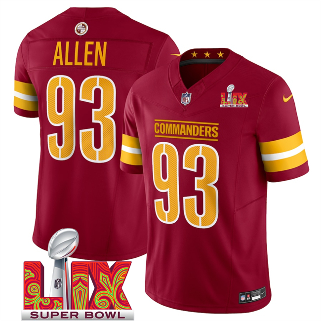 Men's Washington Commanders #93 Jonathan Allen Burgundy 2025 Super Bowl LIX Patch F.U.S.E Vapor Limited Stitched Football Jersey